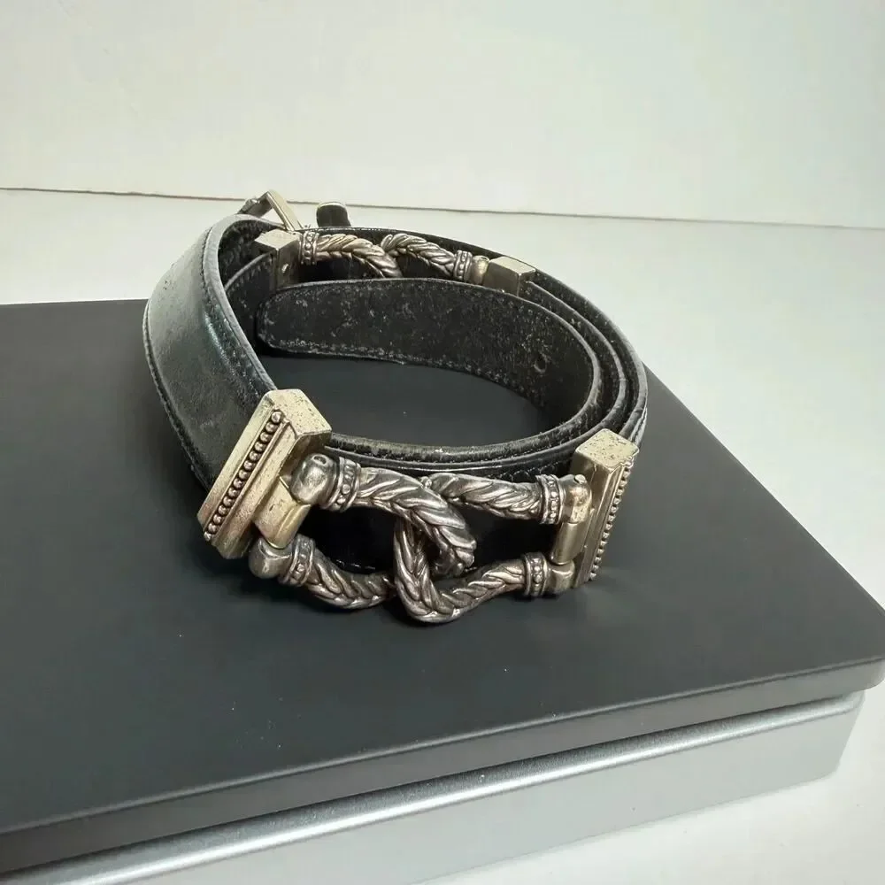 Vintage Talbots Black Leather Belt Silver Tone Knot Buckle Large 1996 Western
